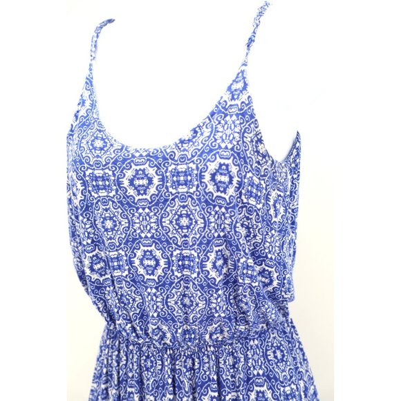 Lush Mediterranean Spaghetti Strap Maxi Blue White Pattern Soft Sun Dress S - Picture 4 of 9